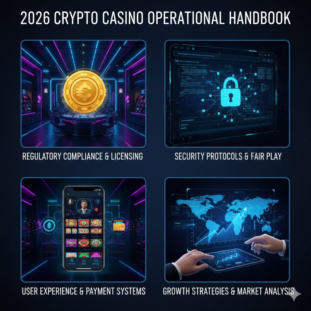 2026년 글로벌 크립토 카지노 운영 핵심 4단계가 포함된 종합 인포그래픽 가이드.