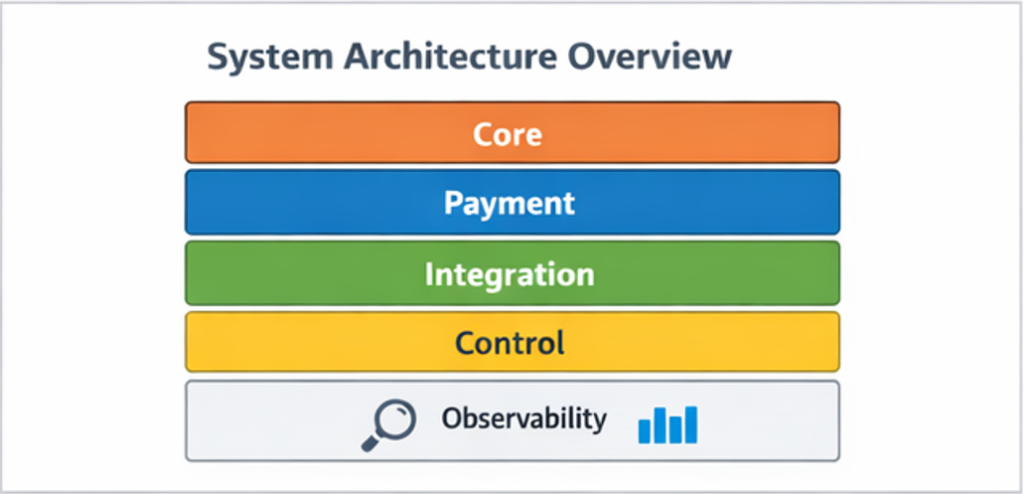 카지노솔루션 시스템 아키텍처 전체 구성도(Core, Payment, Integration, Control,