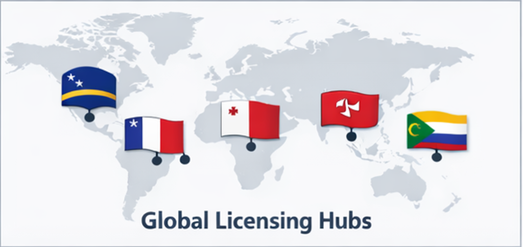 세계 도박 합법 국가와 주요 iGaming 라이선스 거점(큐라소·몰타·UK·맨섬·안주안) 비교 지도