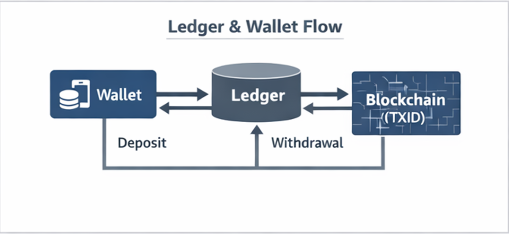 원장(ledger)과 지갑(wallet), 체인(TXID)을 연결하는 입금·출금 대사 흐름