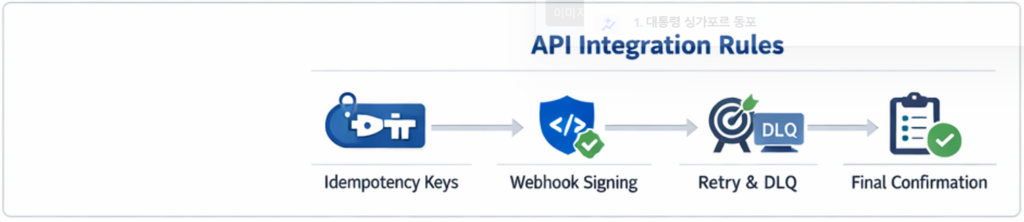 카지노 API 연동 규칙(멱등성·웹훅 서명·재시도·DLQ) 다이어그램